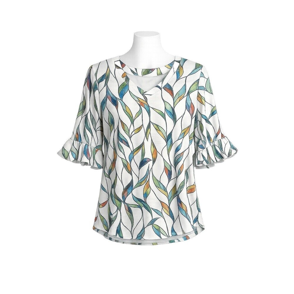 Sampeel Women’s Medium Leaf Print Blouse Ruffle Sleeve V-Neck Stretch Top M